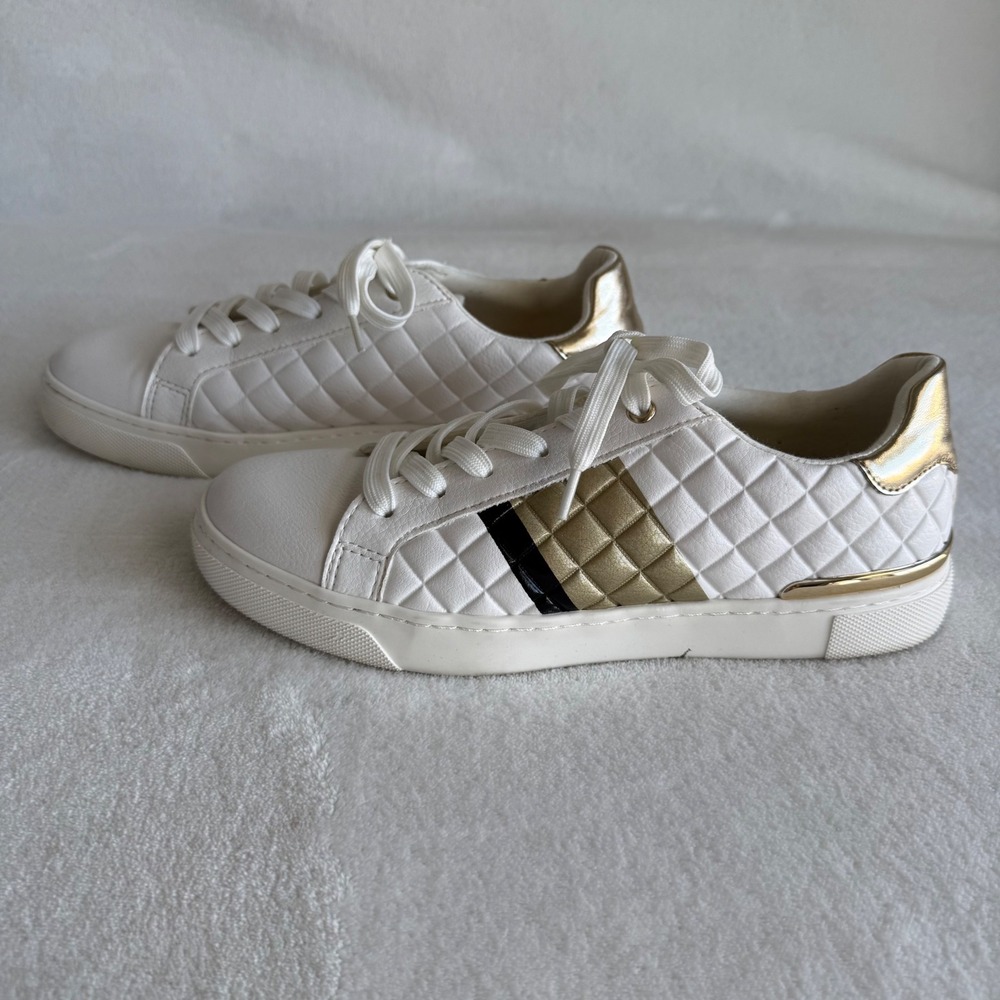 Aldo Womens Sneackers 7 White‎ Gild Black Quilted Diamond Pattern Tennis Shoes